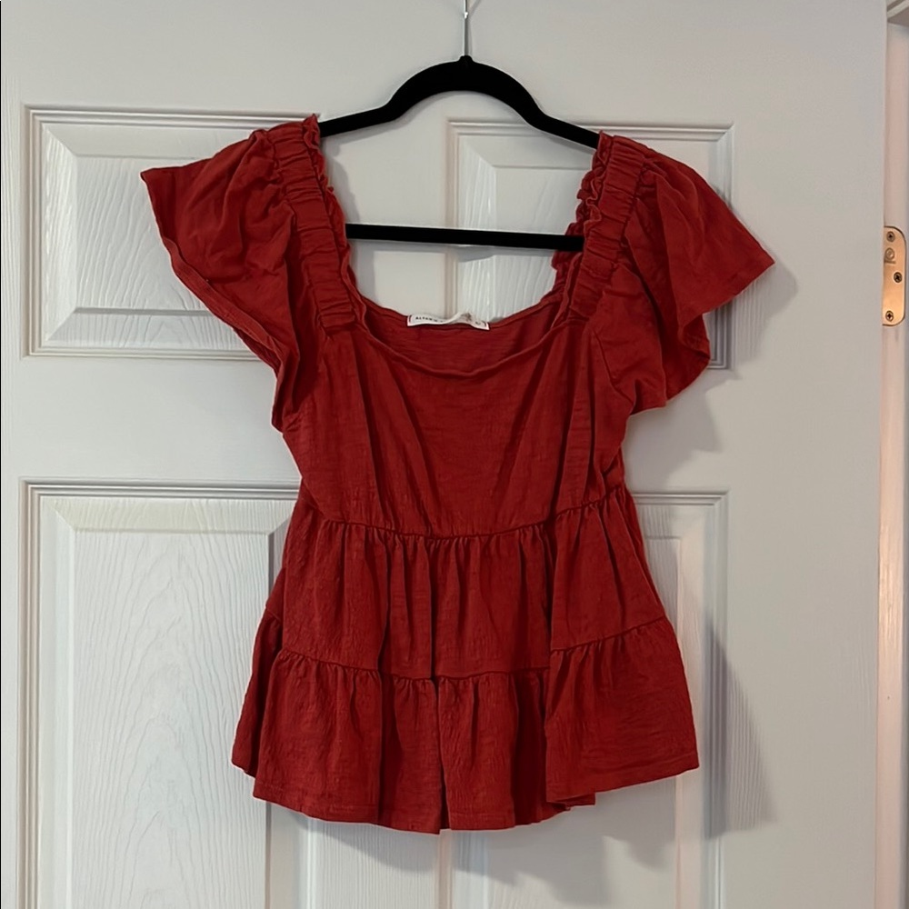Altar'd State Red Flutter Sleeve Ruffled Blouse